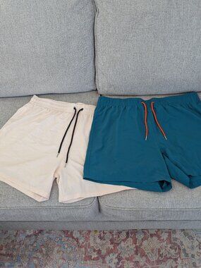 Two Men's Swim Shorts, Off White/Cream and Blue, XXL, zipper, liner, drawstring